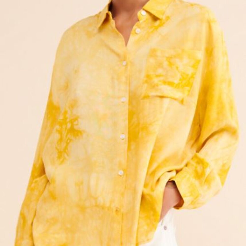 Caara Yellow Tie Die Long Sleeve Button Down Shirt NWT Misses Size XXS